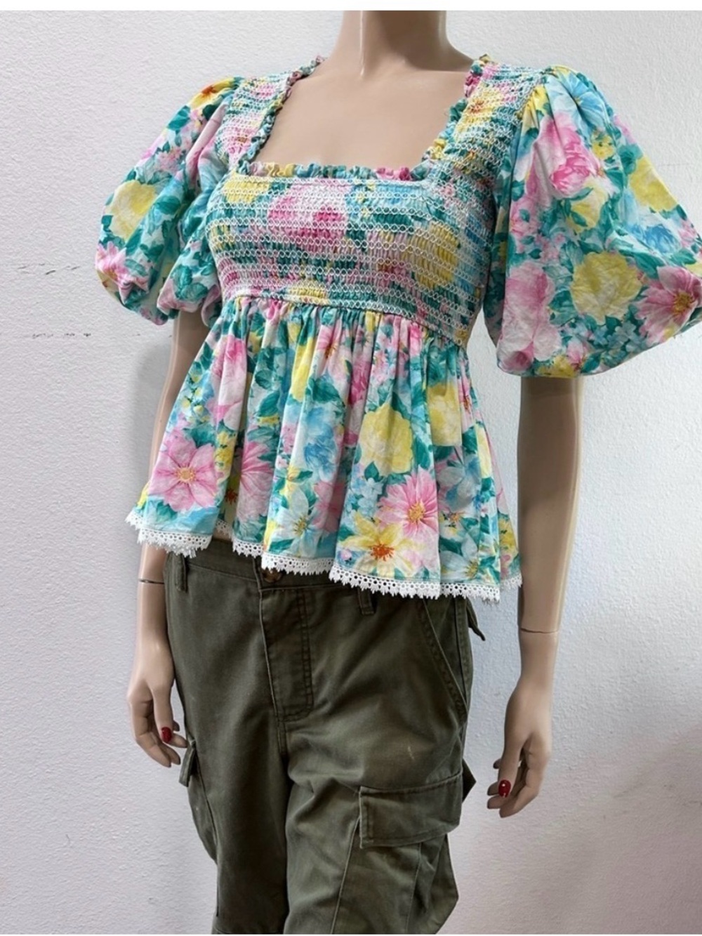 HEMANT & NANDITA Floral Smocked Puff-Sleeve Peplum Top - Pink Yellow Blue